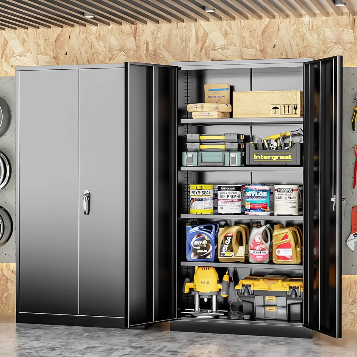 SOLAURA 72 inches Tall Metal Garage Storage Cabinets, Lockable Steel Storage Cabinet with Doors and Adjustable Shelves for Office, Home, Shops, Garage, Assembly Required, Black