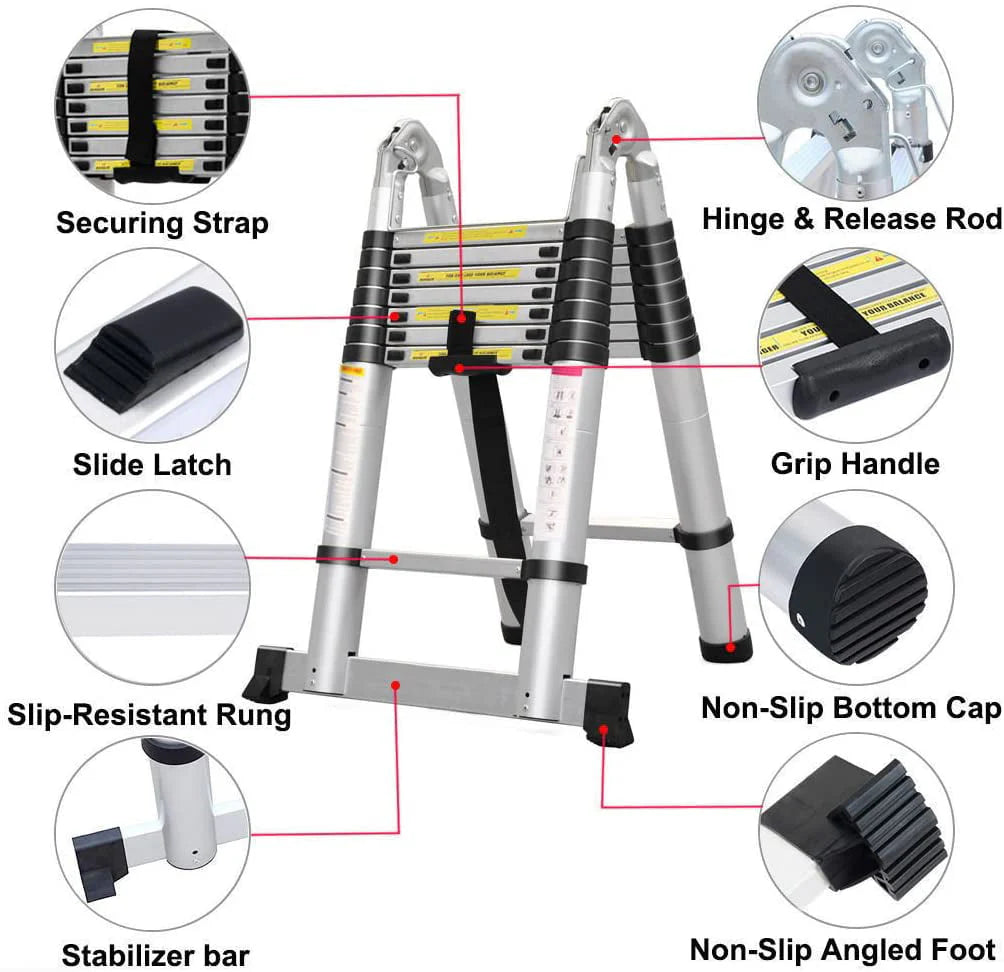 Bowoshen Telescopic Loft Ladder 16.5Ft Extendable Collapsible Step Ladders Securing Bolt 330lb Loading EN131 Certified