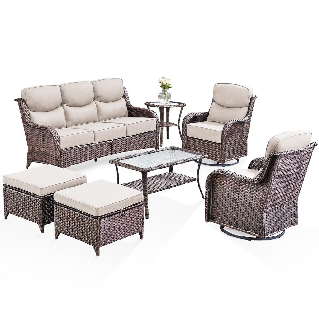 Bellefurn Luxury Outdoor Patio Furniture Set,Swivel Rocker Patio Chairs with 6-inch Thick Cushion,Patio Sofa and Glass Coffee Table,Outdoor Conversation Set for Porch, Deck, Yard