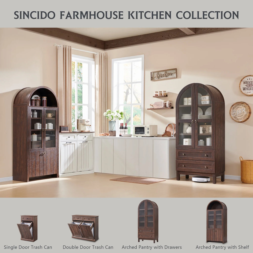 SinCiDo Arched Kitchen Pantry Storage Cabinet, 71-Inch Tall Wood Adjustable Shelves, 2 Doors, 2 Drawers