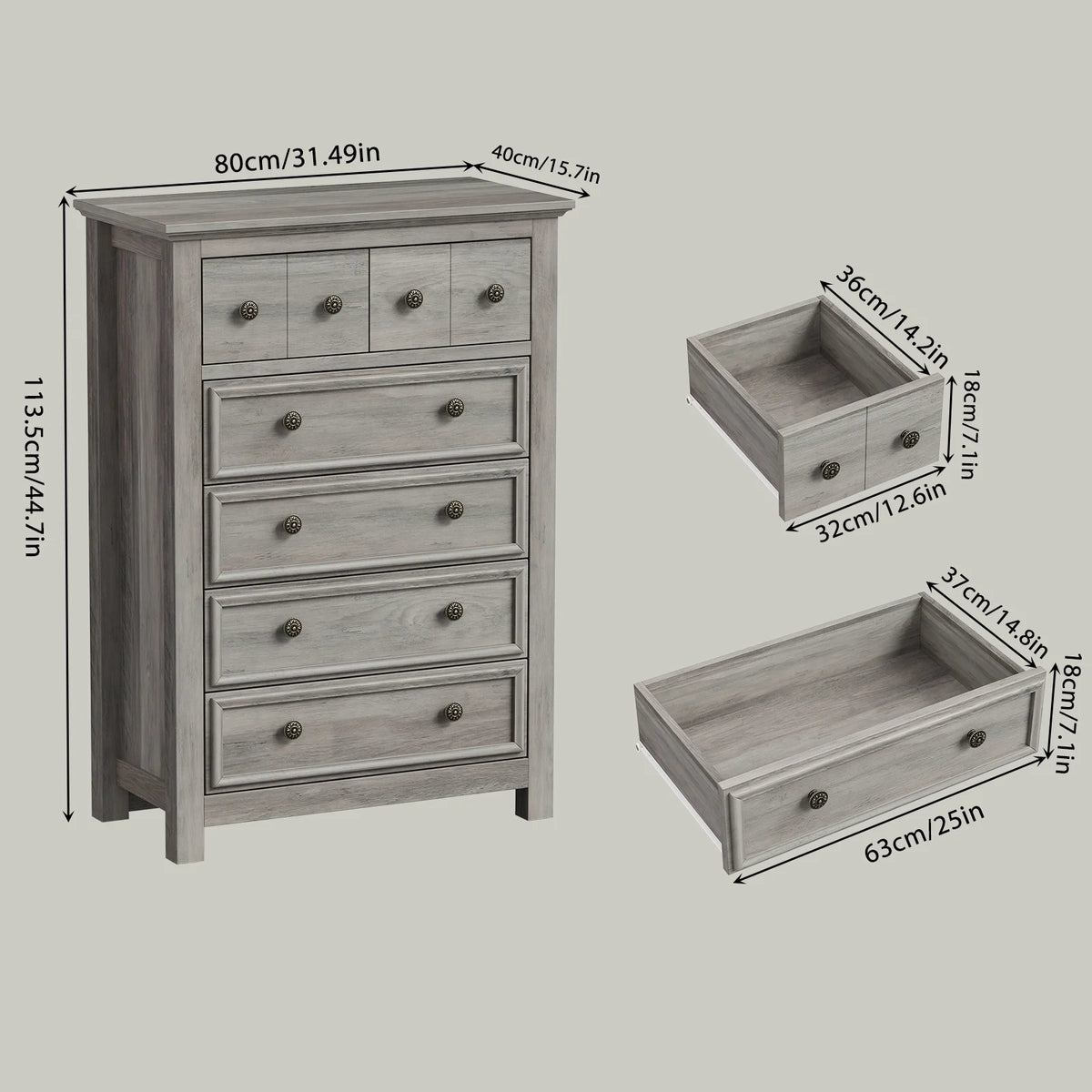 6 Drawer Wood Dresser for Bedroom, Chest of Drawers, Storage Organization Unit for Clothing, Gray