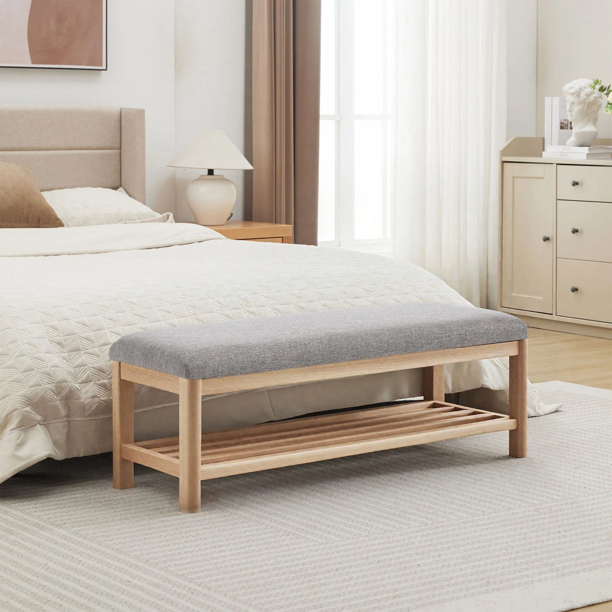 Zesthouse 42.9�?Shoe Bench with Storage, Entryway Bench for Living Room, Bedroom and Hallway, Linen Fabric Upholstered Bench with Solid Wood Shelf, Gray