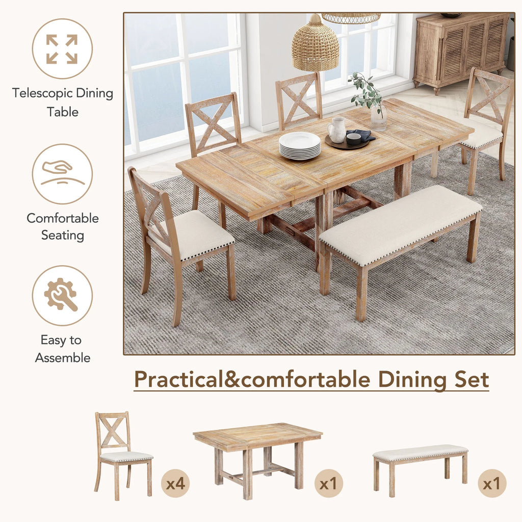 MODERNLUXE 82"Farmhouse 6PCS Dining Table Sets for 6,Solid Wood Dining Table Set with Extendable Table with Footrest and Two 11"Removable Leaf,4 Upholstered Chairs and Longer Upholstered Bench