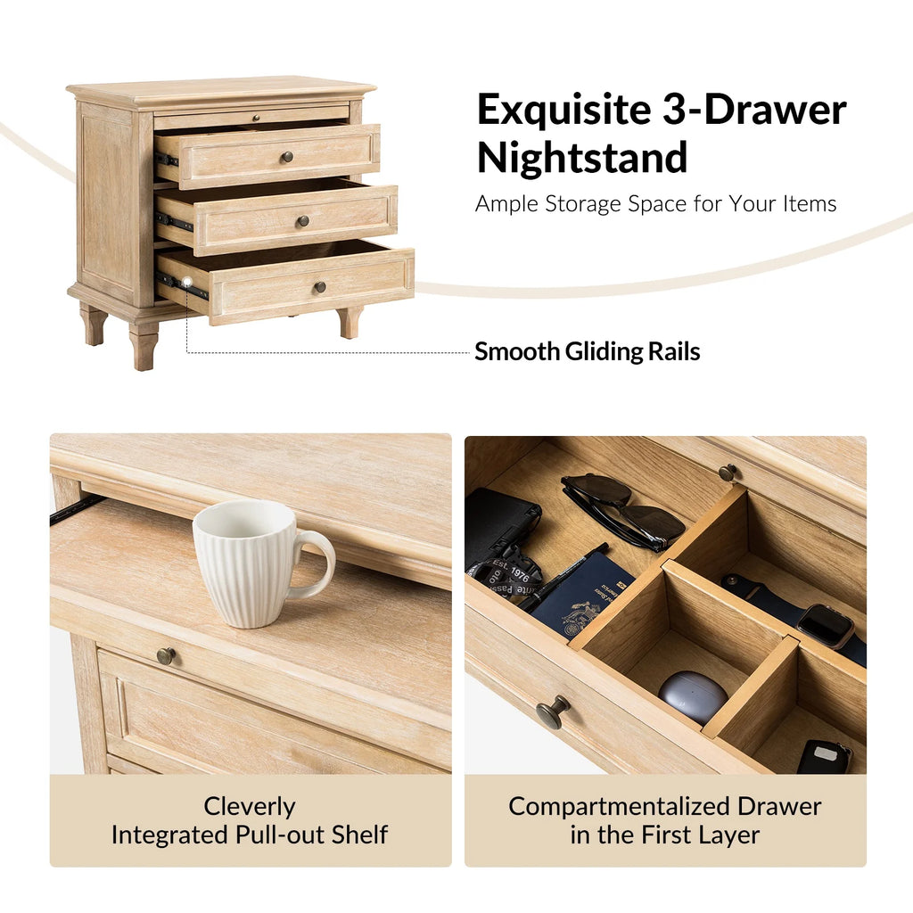 Farmhouse 3 Drawers Nightstand with Tray Bedside Table with Charging Station Acorn