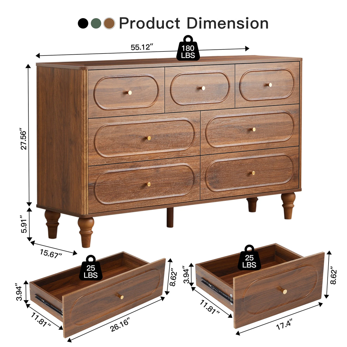 YOCWO 3 Drawer Nightstand, Classic Chest of Drawers with Arc Edge, Walnut
