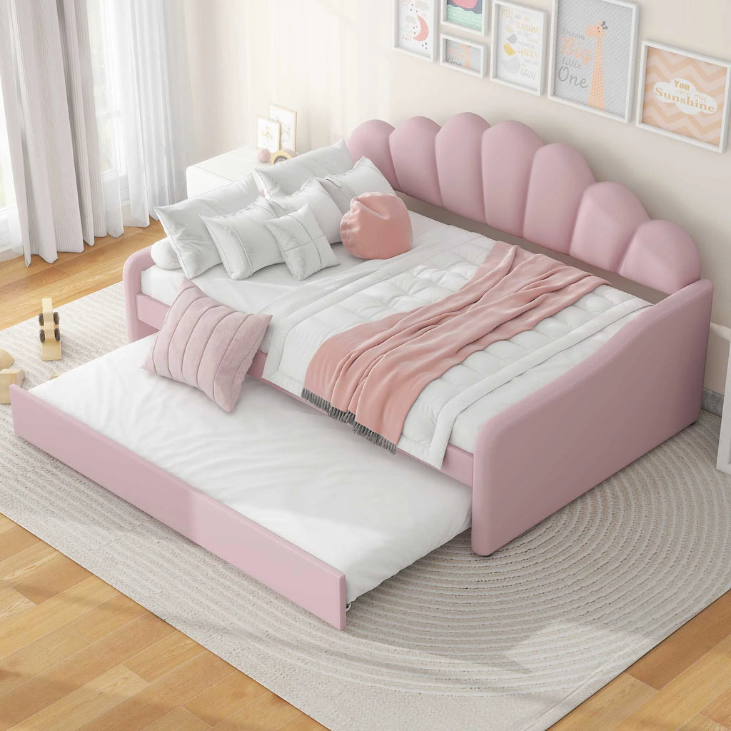 EUROCO Upholstery Full Size Platform Bed, Upholstered Daybed with Headboard and Trundle, Beige