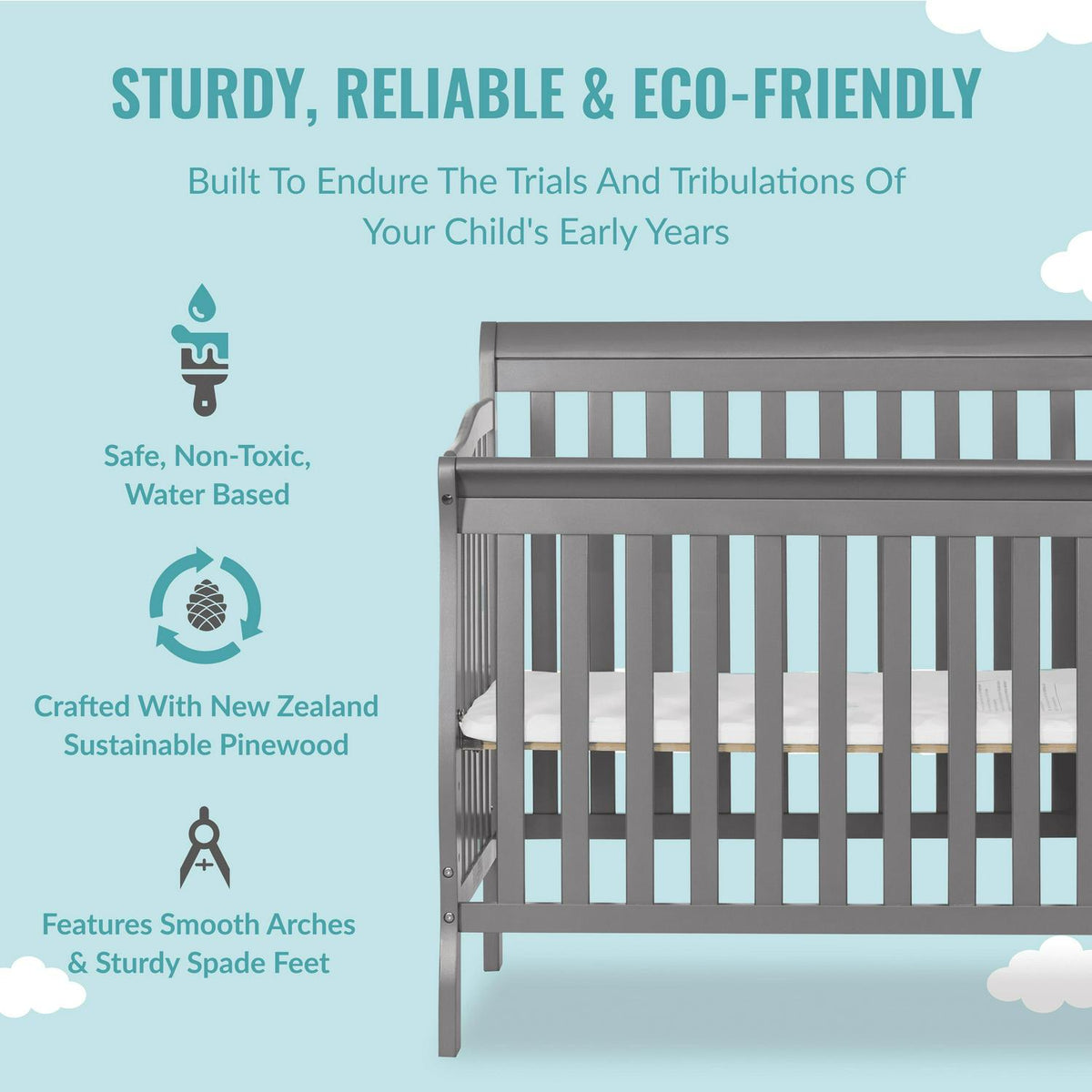 Dream On Me Jayden 4-in-1 Convertible Mini Crib and Changer. Storm Grey