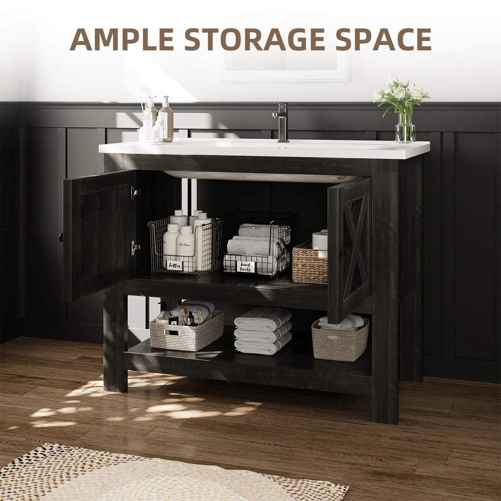 DreamCurship Bathroom Vanity with Sink Combo, 35'' Bathroom Storage Cabinet with Storage, Farmhouse Bathroom Vanity Cabinet with 2 Doors and Open Shelf, White