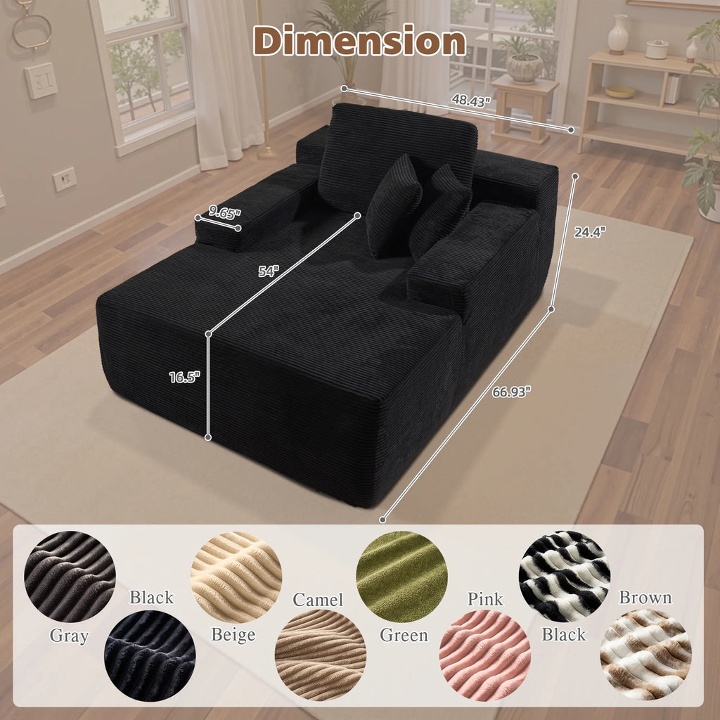 Ovios 67'' Oversized Chaise Lounge Chair Indoor Cloud Plush Corduroy Floor Sofa Bed Deep Seat No Assembly Couch for Living Room, Black