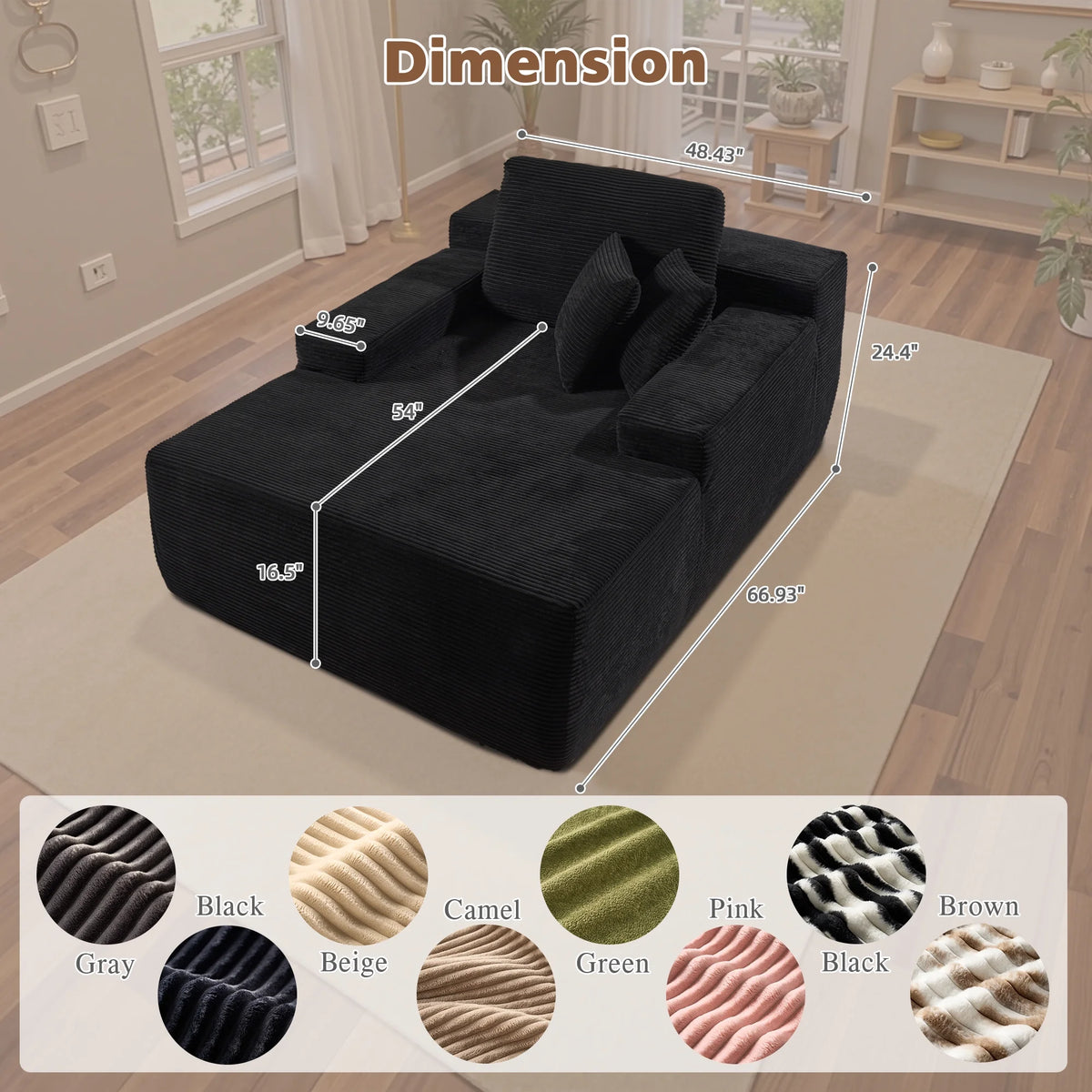 Ovios 67'' Oversized Chaise Lounge Chair Indoor Cloud Plush Corduroy Floor Sofa Bed Deep Seat No Assembly Couch for Living Room, Black