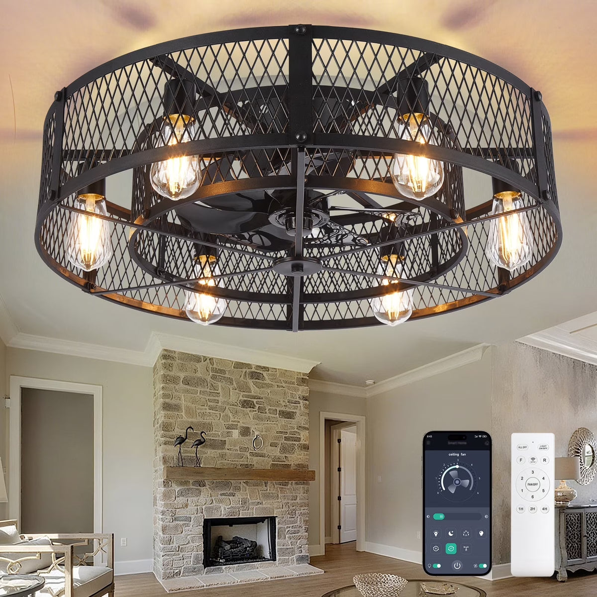 26-Inch Farmhouse Caged Ceiling Fan with Light, Remote & APP Control Quiet DC Motor E26 Bulbs Included Black