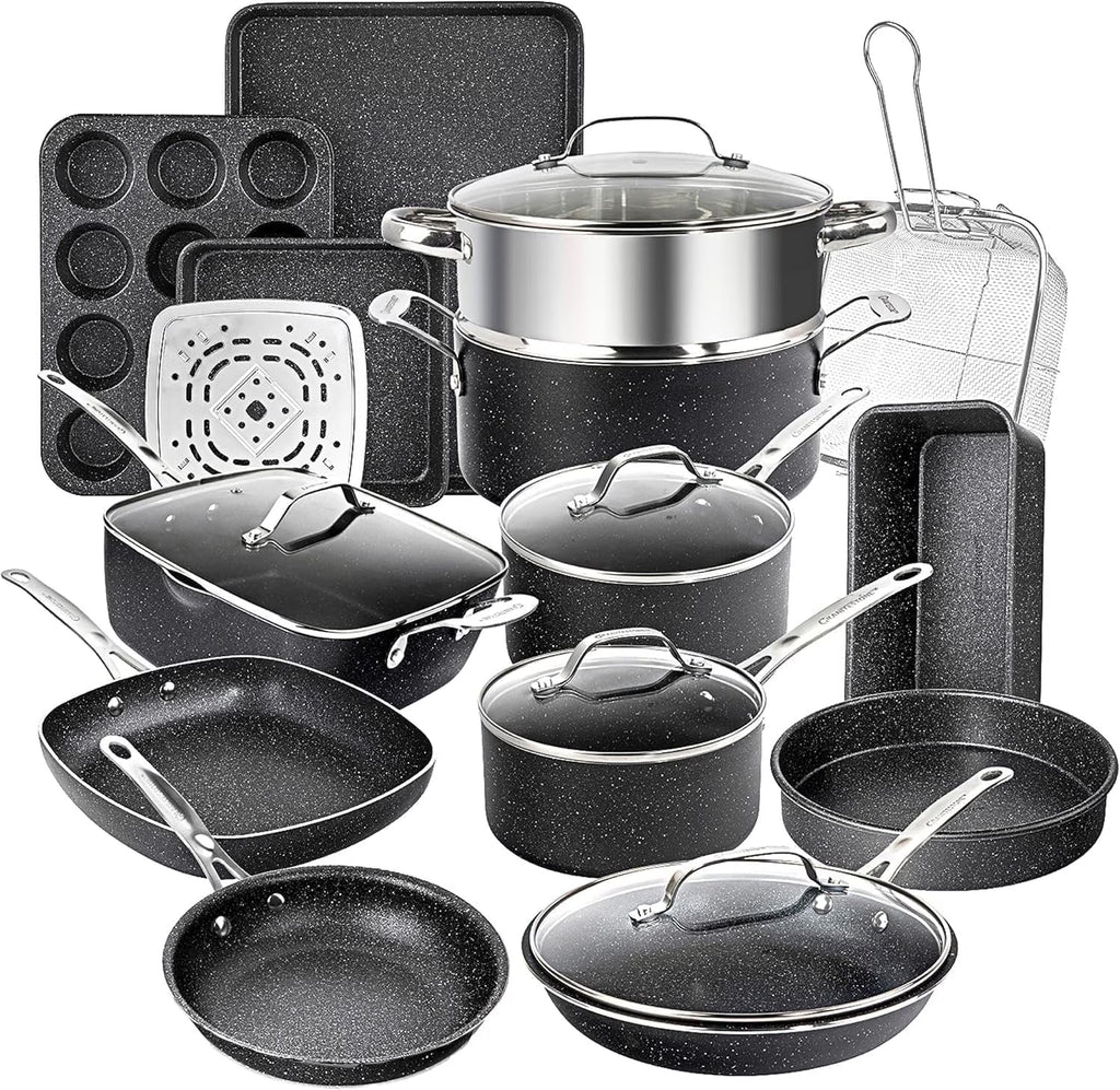 Granitestone Pots and Pans Set, 20 Piece Complete Cookware + Bakeware Set with Ultra Nonstick, Includes Frying Pans, Saucepans, Stock Pots, Steamers, Cookie Sheets and Baking Pans