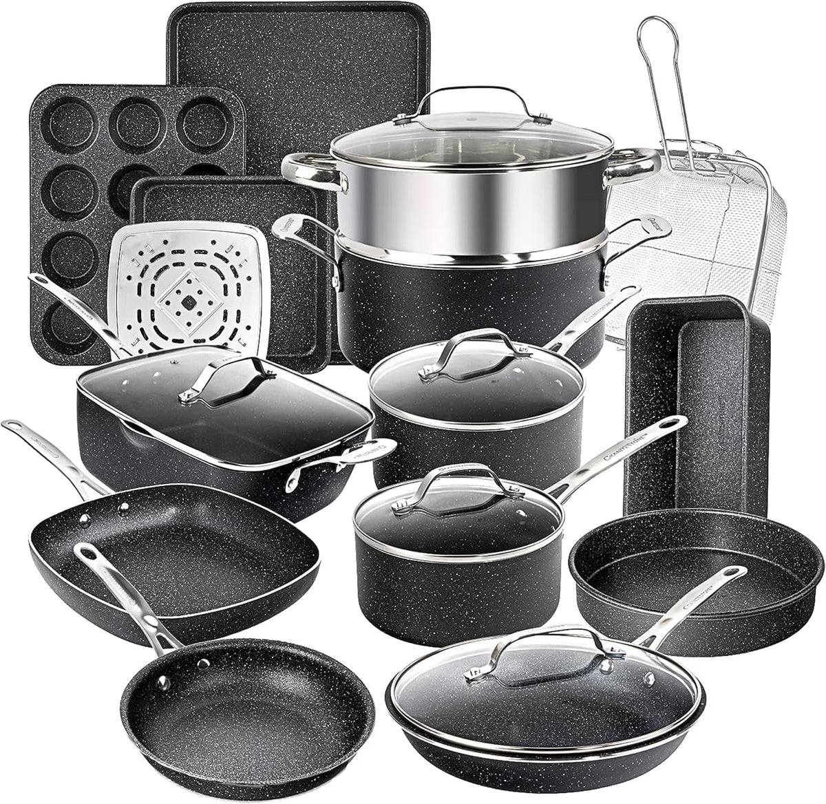 Granitestone Pots and Pans Set, 20 Piece Complete Cookware + Bakeware Set with Ultra Nonstick, Includes Frying Pans, Saucepans, Stock Pots, Steamers, Cookie Sheets and Baking Pans