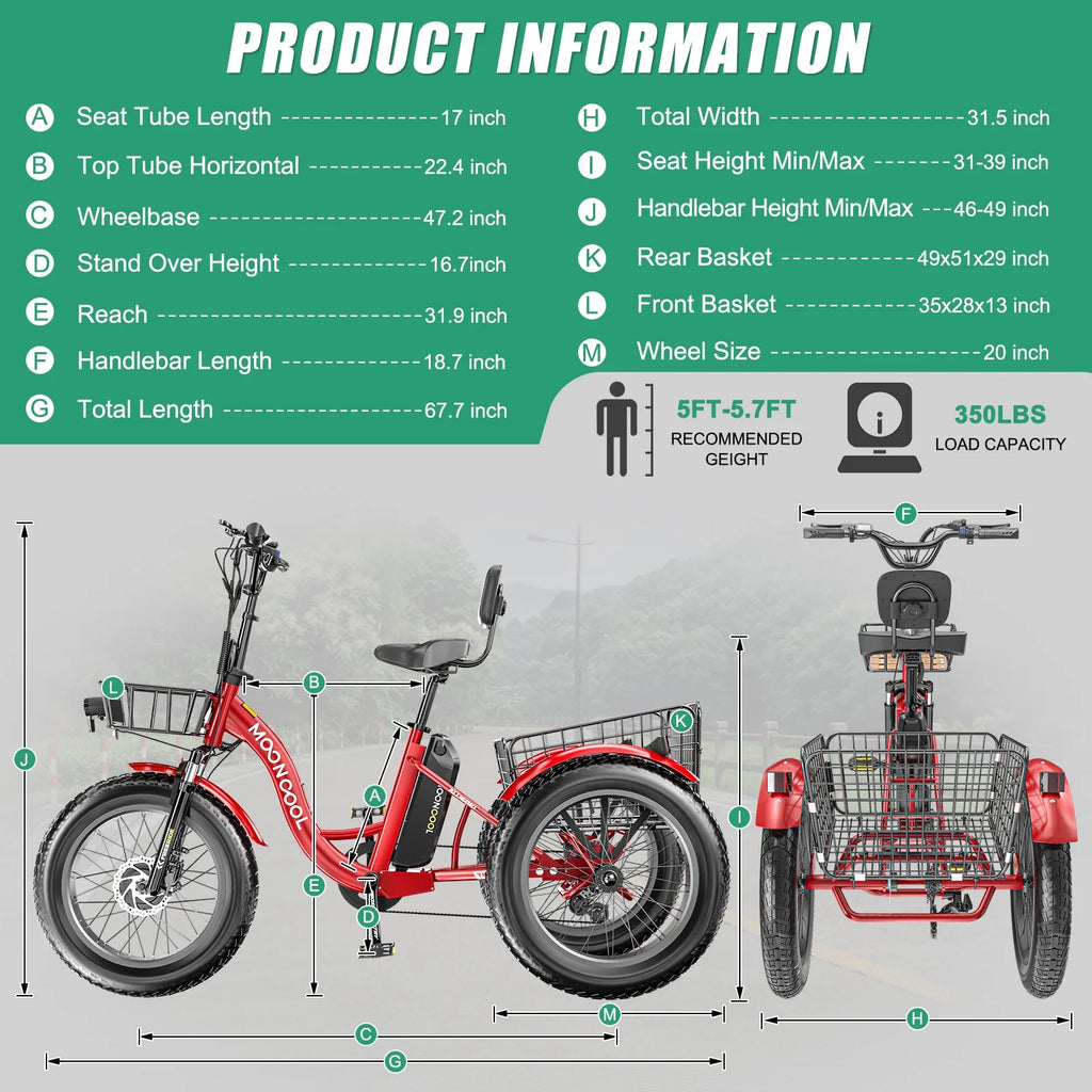 20" x 4" Fat Tire Electric Tricycle for Adult, 7 Speeds Electric Trike 48V 500W Motorized Tricycle , Electric Three Wheels Bicycle for Senior, Aluminum Frame & Rear Basket ,16mph