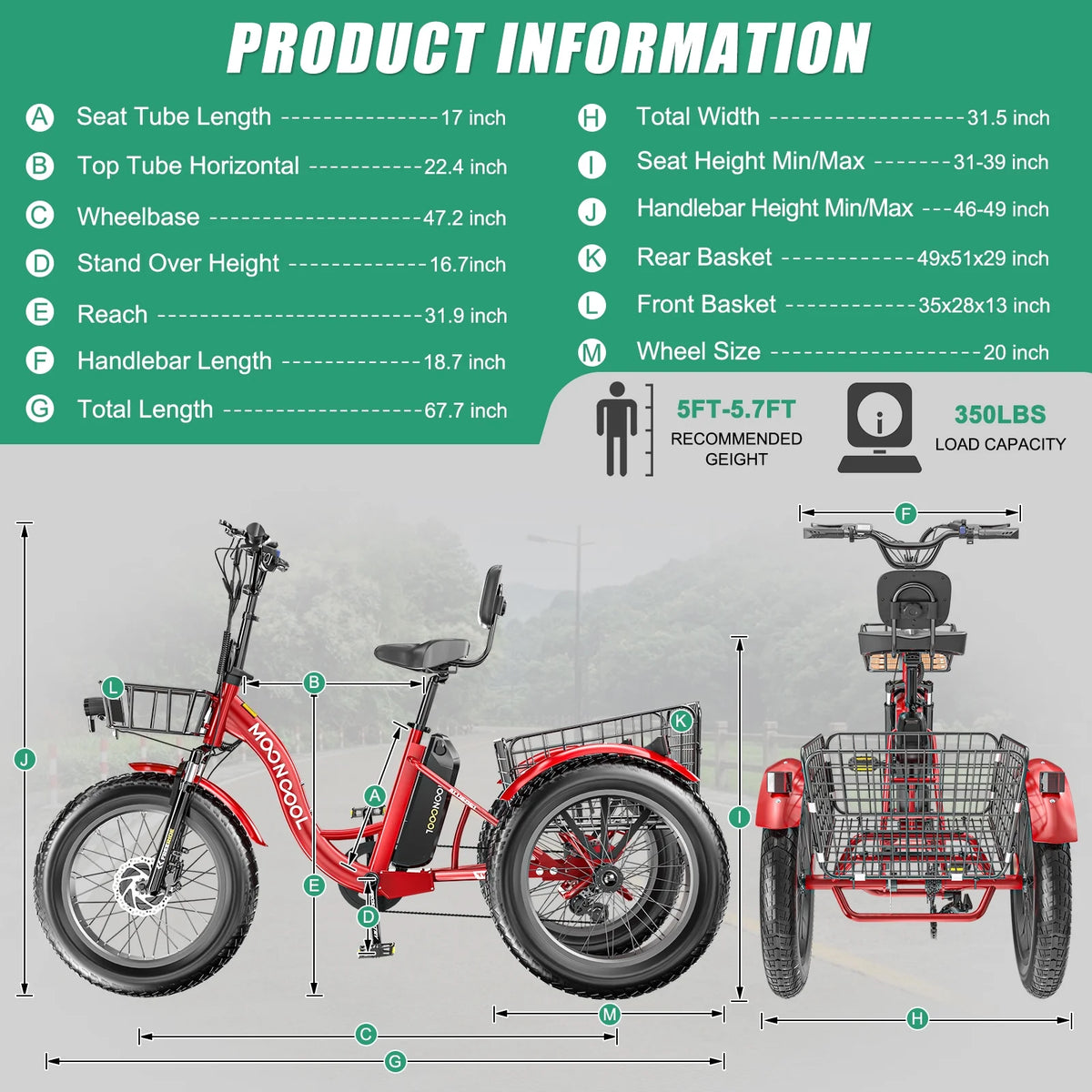 20" x 4" Fat Tire Electric Tricycle for Adult, 7 Speeds Electric Trike 48V 500W Motorized Tricycle , Electric Three Wheels Bicycle for Senior, Aluminum Frame & Rear Basket ,16mph