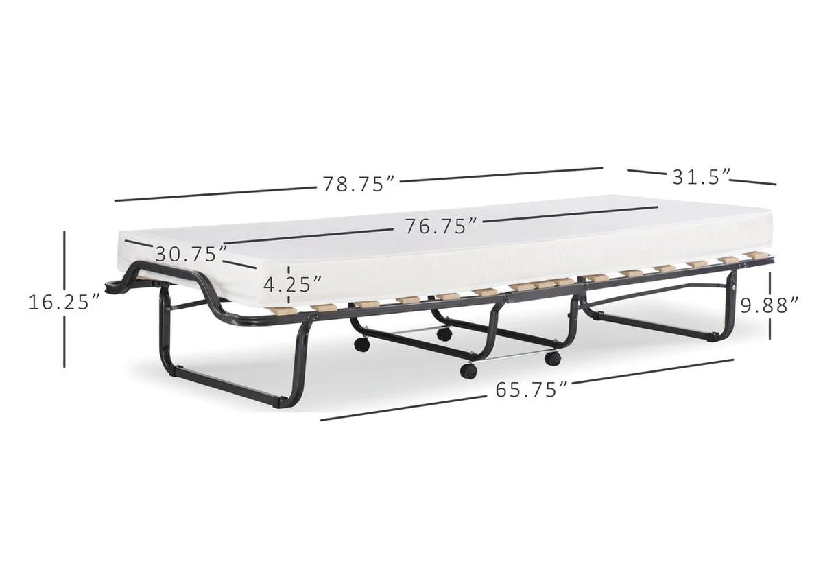 Linon Luxor Folding Rollaway Guest Bed with 4" Foam Mattress with Memory Foam Layer, Single-Size