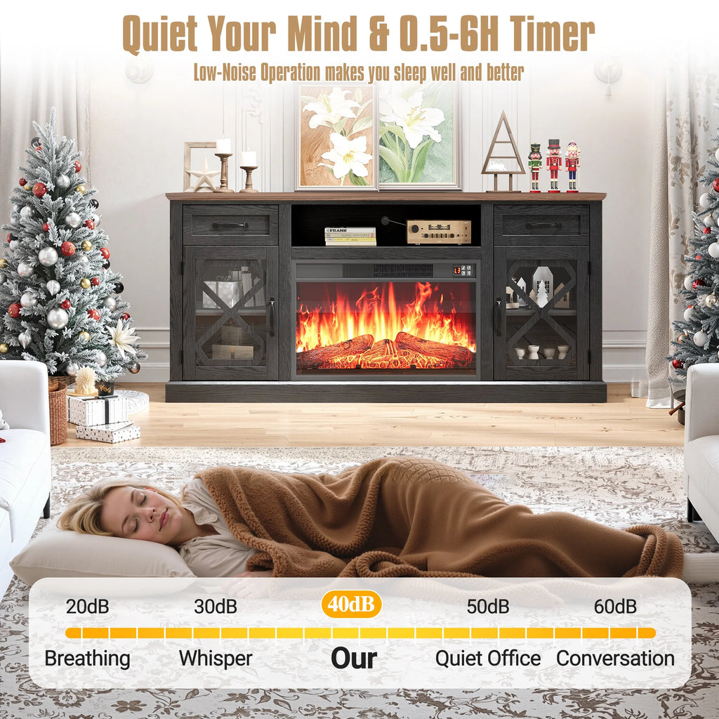 SESSLIFE Fireplace TV Stand for 65 Inch TV, TV Console with 23''Electric Fireplace, Console Entertainment Center Television Table for Living Room or Bedroom, Brown