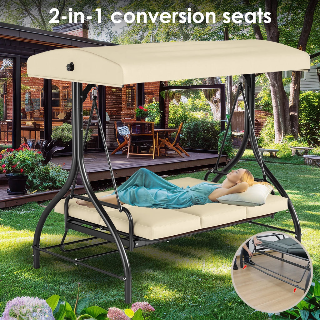Pirecart 3 Person Patio Porch Swing Outdoor Converting Swing Glider Hammock with Adjustable Canopy, Cushions, Red