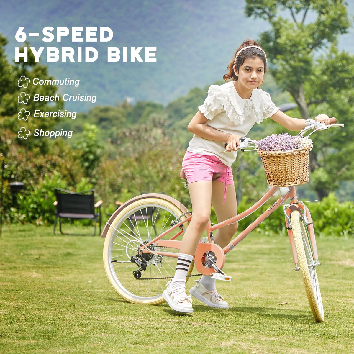 Glerc Missy 24" Girls Cruiser Bike 6-Speed Women's Hybird Bicycle for Ages 7-11 Years, Mint Green