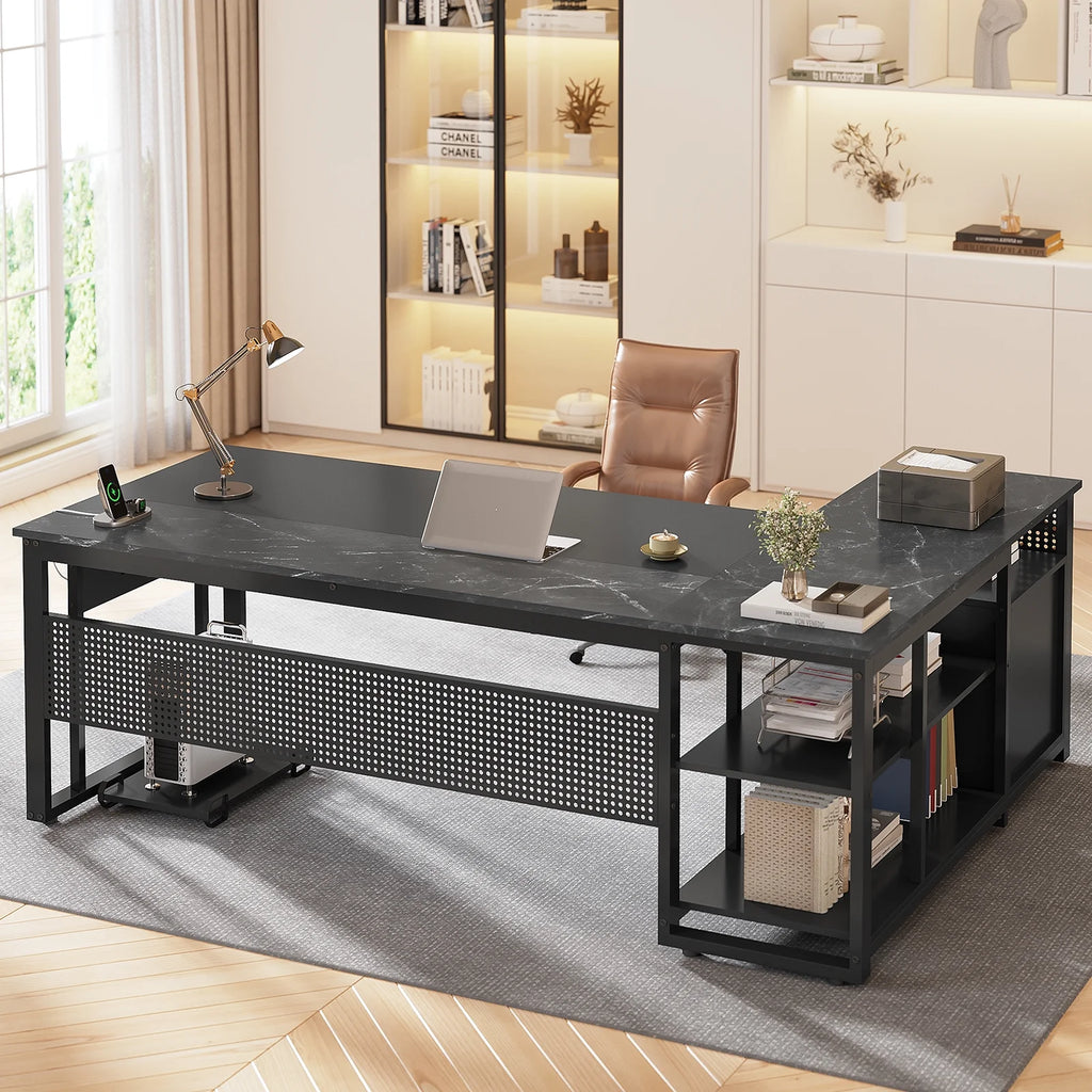 71" Executive Desk with Power Outlets, Modern L Shaped Office Desk with File Drawers and Pegboard, Large Computer Desk, Rustic Brown