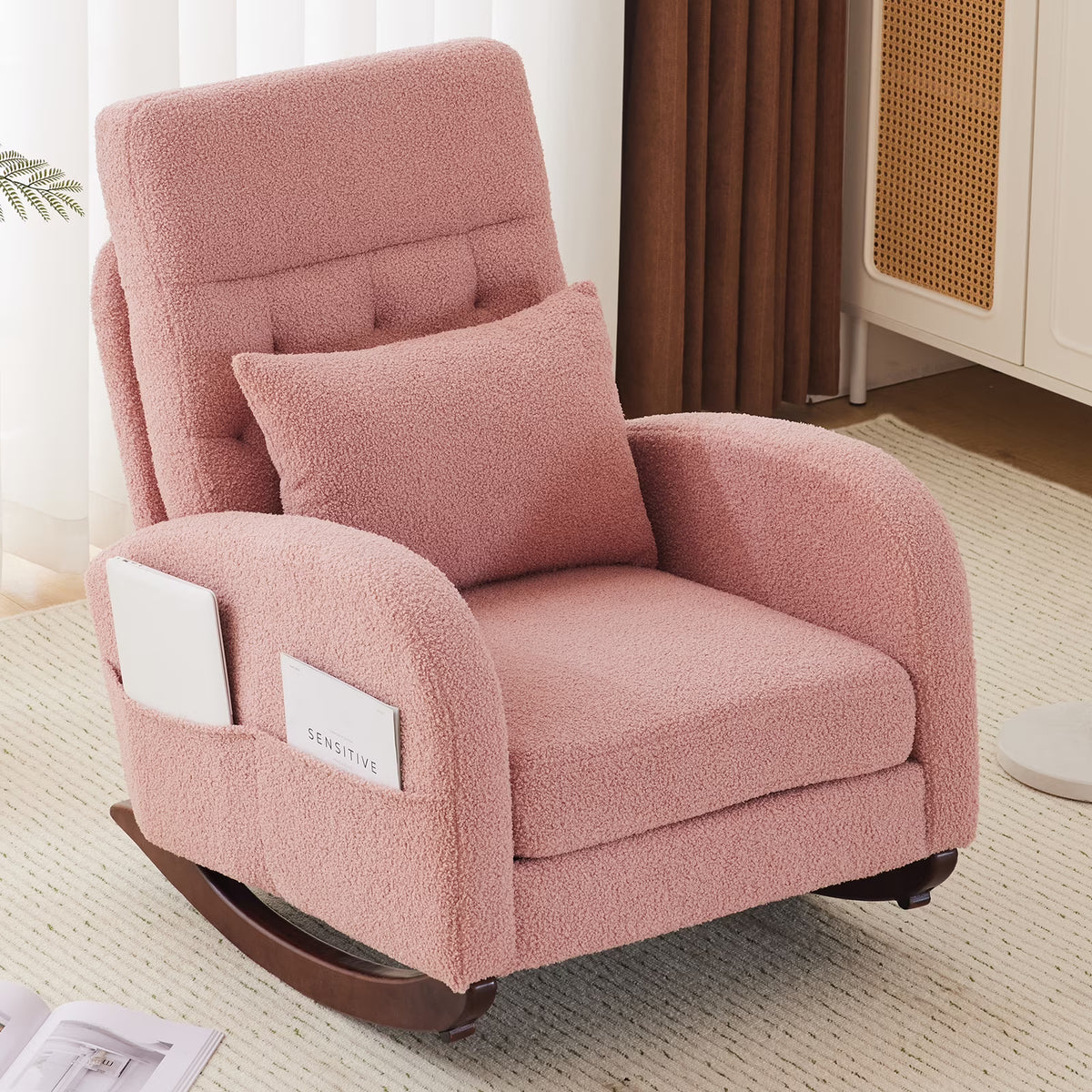 Ktaxon Rocking Accent Chair Glider Reading Chair Comfy Teddy Velvet Upholstered Single Sofa Rocker for Living Room, Nursery, Bedroom Beige