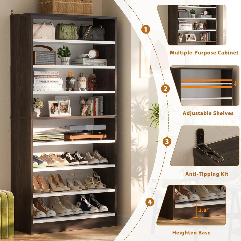 Homieasy Tall Shoe Cabinet, 9-Tier Wood Shoe Storage Organizer, Freestanding Shoe Storage Cabinet with Large Capacity, Vertical Space Saving Shoe Rack, White