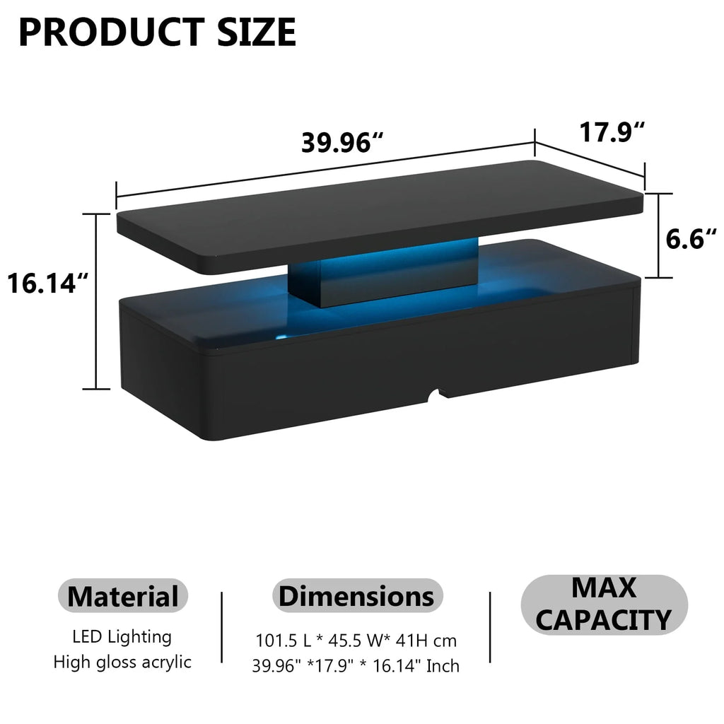 Oneinmil Modern Stylish Coffee Table with 12 Colors LED Lights, Double-Layer Design for Living Room, Black High Gloss Acrylic