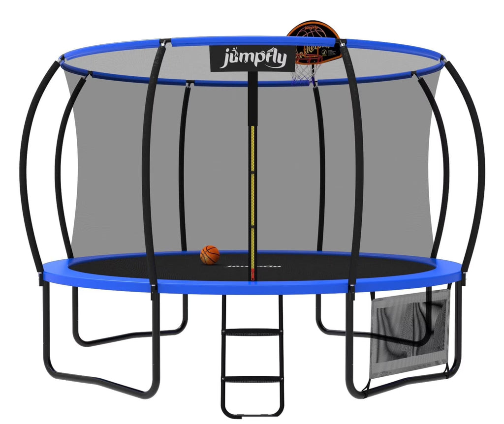 Jumpfly Trampoline 10FT Trampoline with Basketball Hoop-Curved Poles Reinforced Recreational Trampolines with Enclosure And Ladder-Outdoor Trampoline for Kids