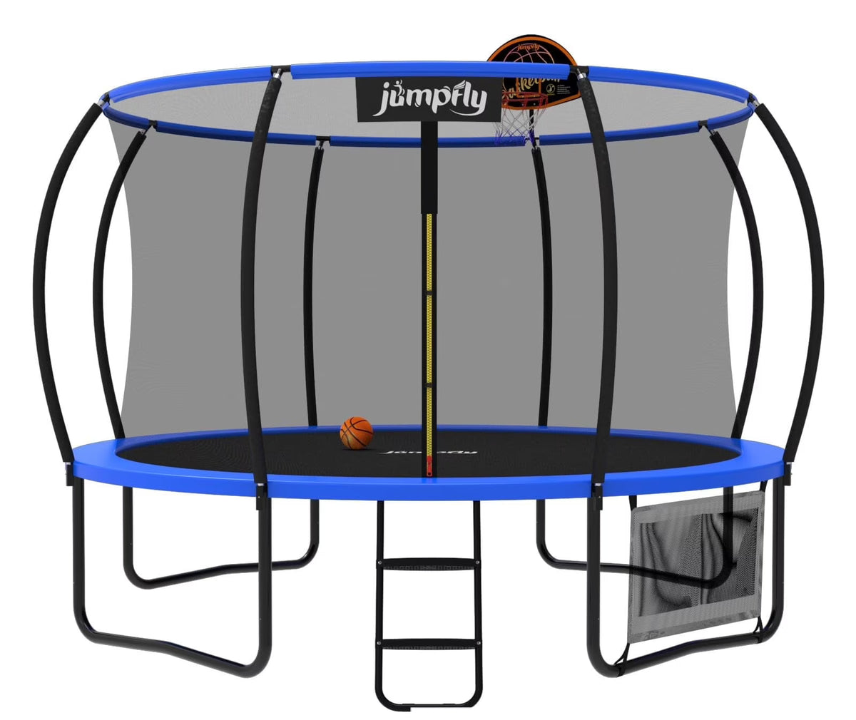 Jumpfly Trampoline 10FT Trampoline with Basketball Hoop-Curved Poles Reinforced Recreational Trampolines with Enclosure And Ladder-Outdoor Trampoline for Kids