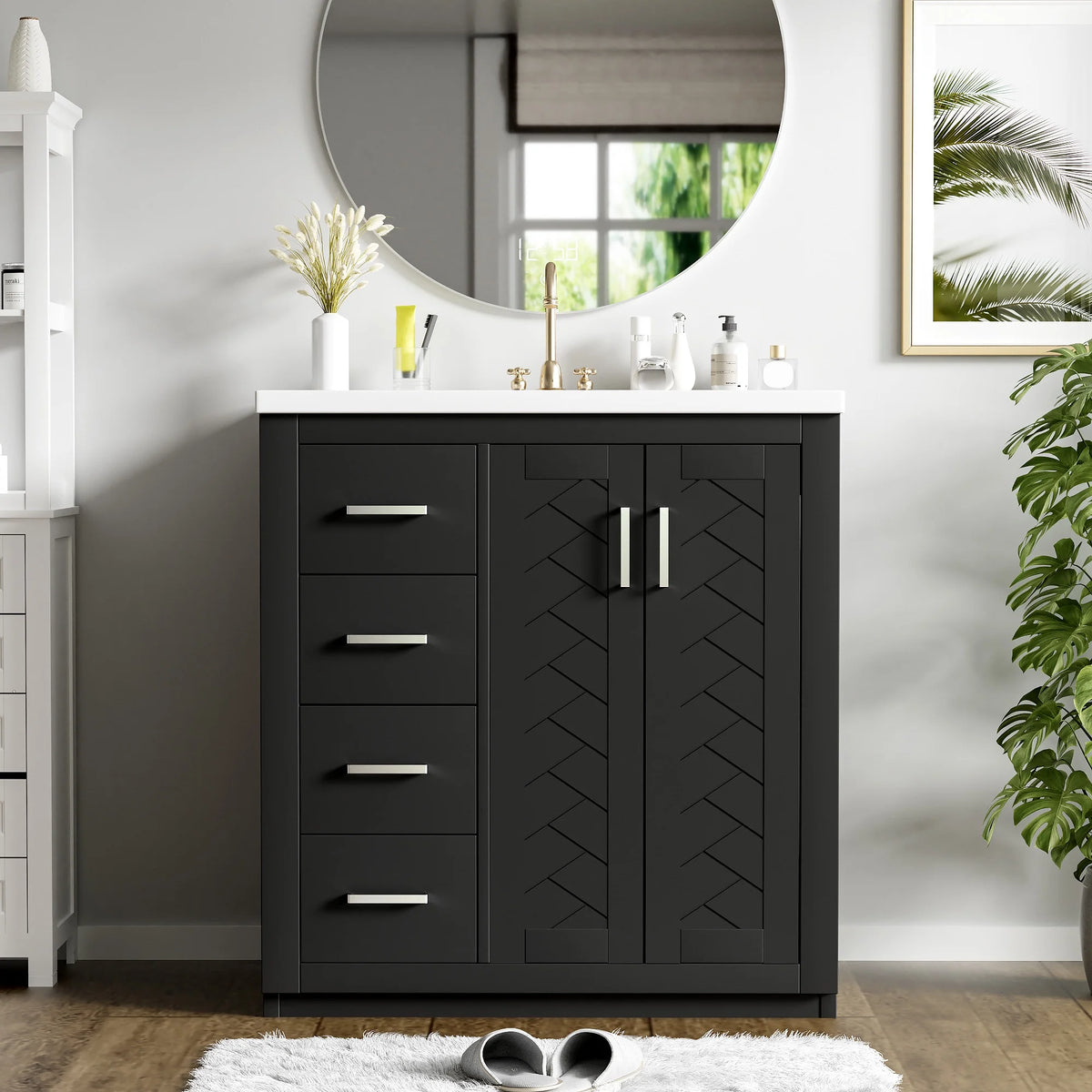 ENSHUI 30-Inch Bathroom Vanity with Ceramic Sink Combo, Solid Wood Frame, 4 Drawers, Soft Closing Doors, Green