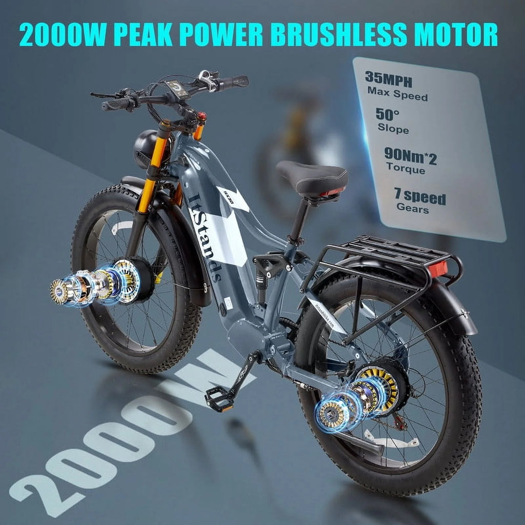 Dual Motors AWD 2000W Electric Bike for Adult 26'', UL2849 48V 30AH Removable Battery E-mountain bike 4.0 Fat Tire up to 35MPH&120Miles Long Range Off-road Ebike Beach Dual Hydraulic&Brakes E-Bicycle