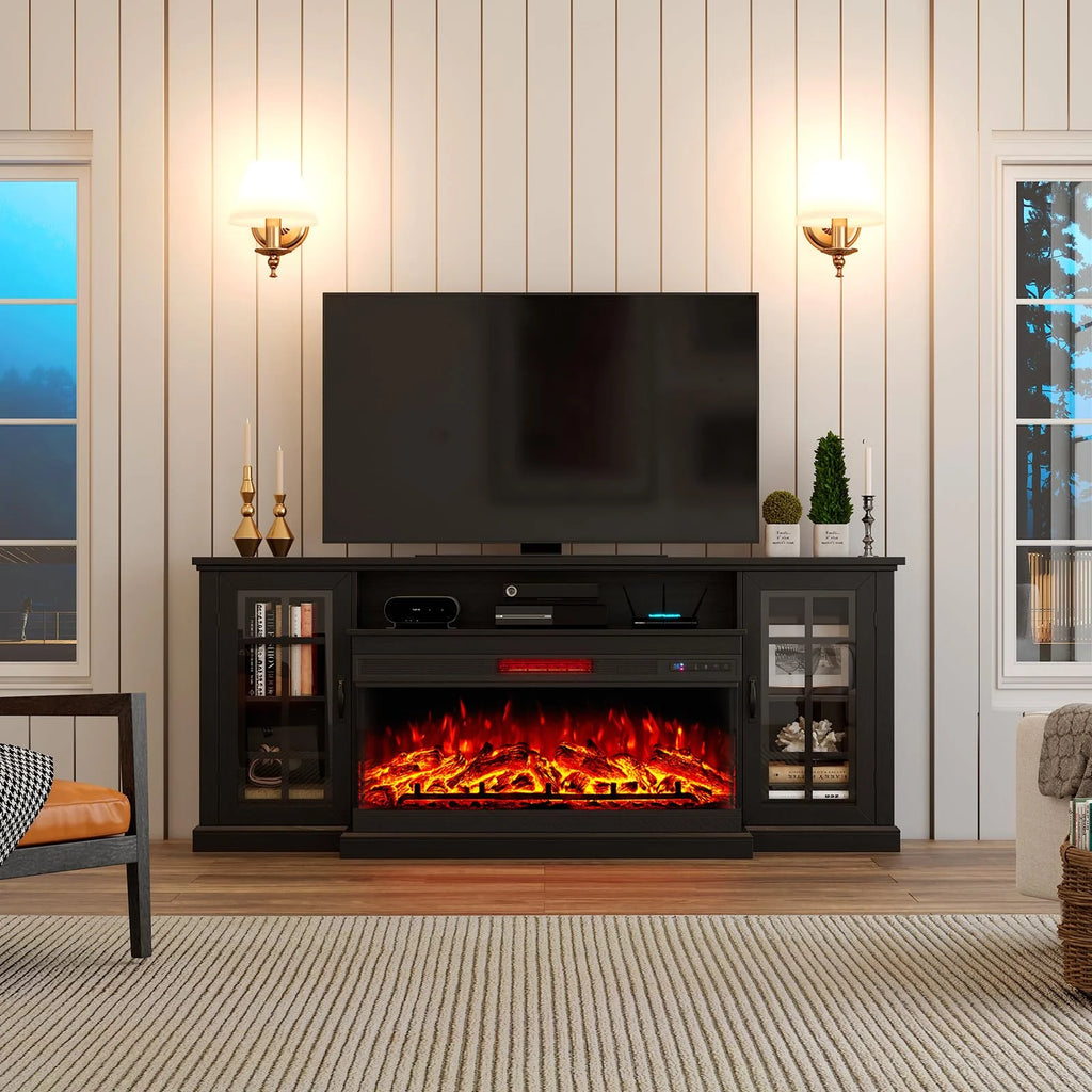 Merluxy 75in 3-Sided Glass Fireplace TV Stand for TVs up to 85", Distressed White