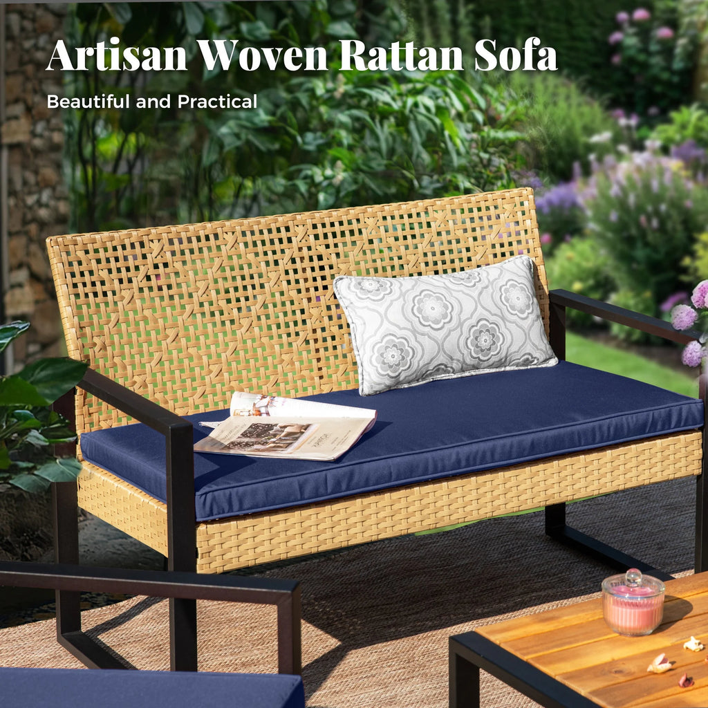 MF Studio 4-Piece All-Weather Rattan Patio Furniture Set, Outdoor Conversation Set with Wood Table, Brown and Beige