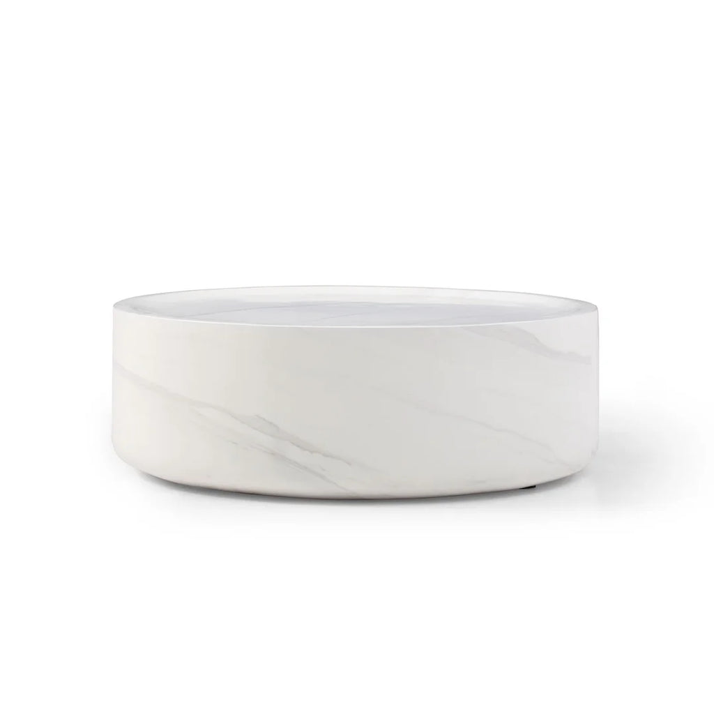 31.49'' Round Coffee Table with Marble Texture, Modern Low Drum Circle Fiberglass Coffee Table, Side Table Accent Table for Living Room, Outdoor, No Need Assembly, Marble