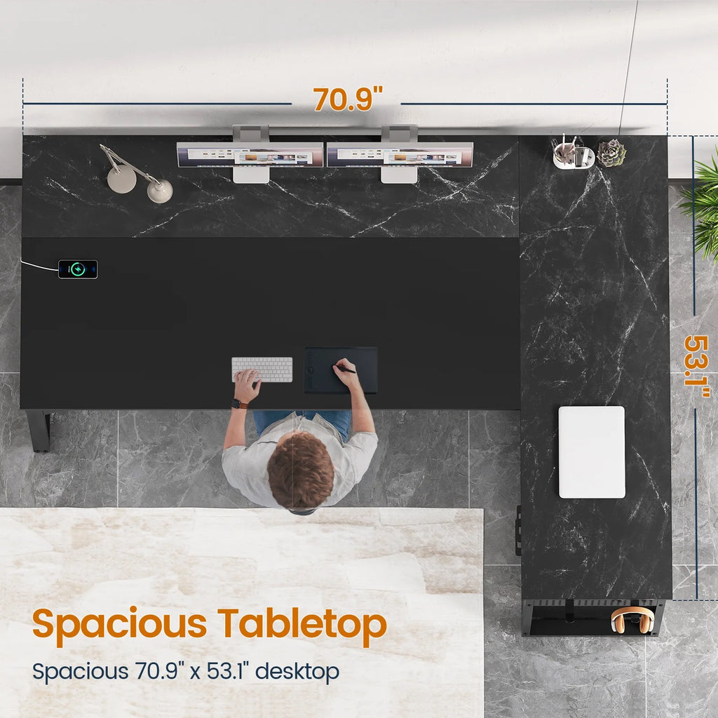 71" Executive Desk with Power Outlets, Modern L Shaped Office Desk with File Drawers and Pegboard, Large Computer Desk, Rustic Brown