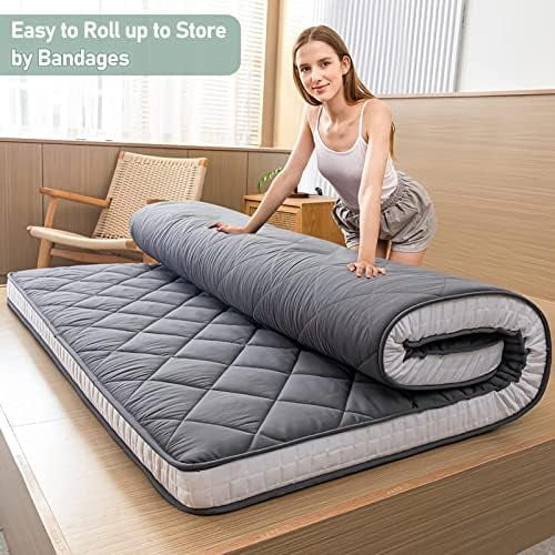 Japanese Floor Futon Mattress King Size, Floor Bed for Adults, Roll Up Folding Mattress, Diamond Patterned Japanese Futon Bed, Dark Grey