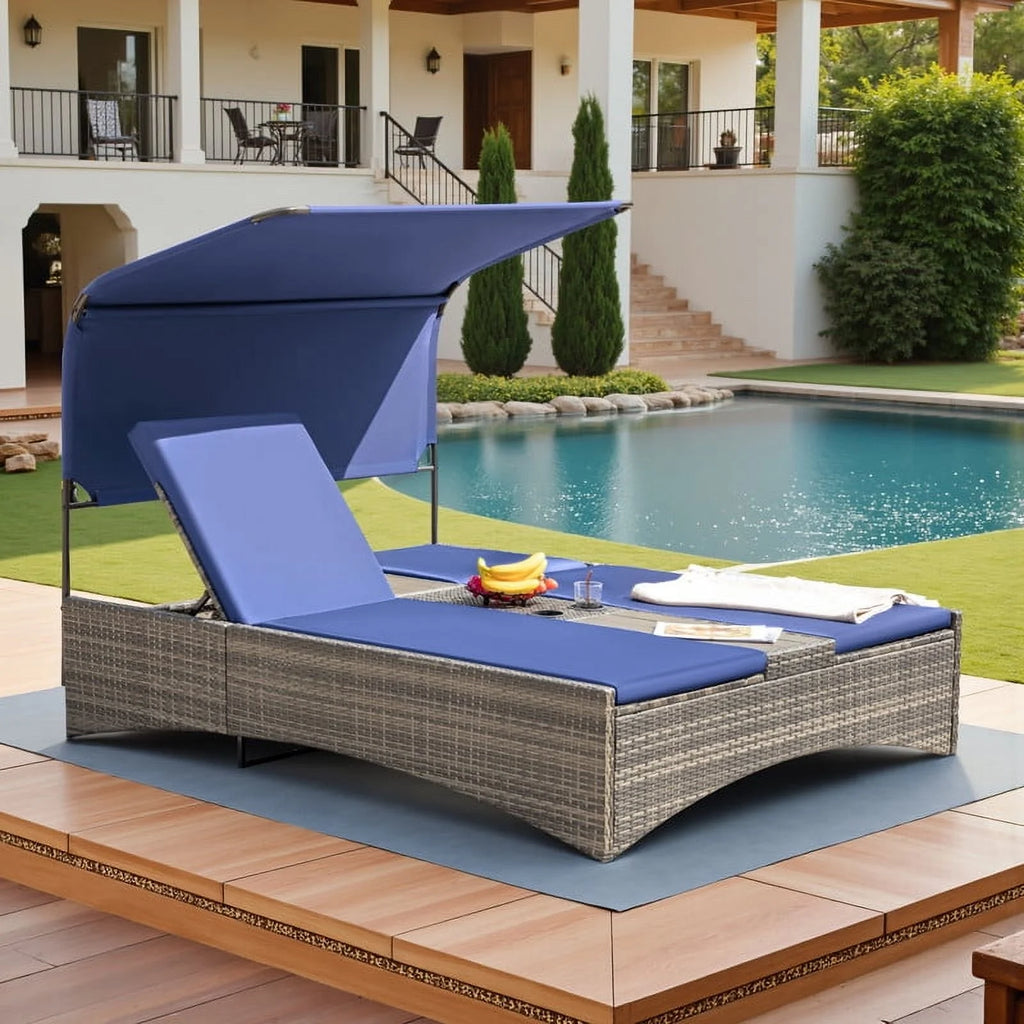 Devoko Rattan Double Lounge Chaise, Adjustable Backrest Daybed with Sunshade and Cup Holder for Deck, Poolside, Balcony,beige