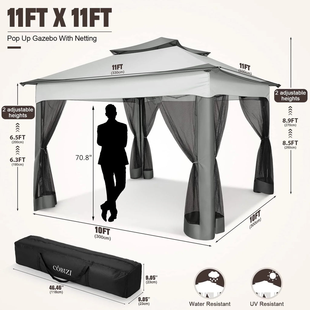 COBIZI 12x12 Outdoor Gazebo Pop Up Gazebo Canopy with Mosquito Netting Patio Tent Backyard Canopy with 2-Tiered Vented Top 3 Adjustable Height, Beige