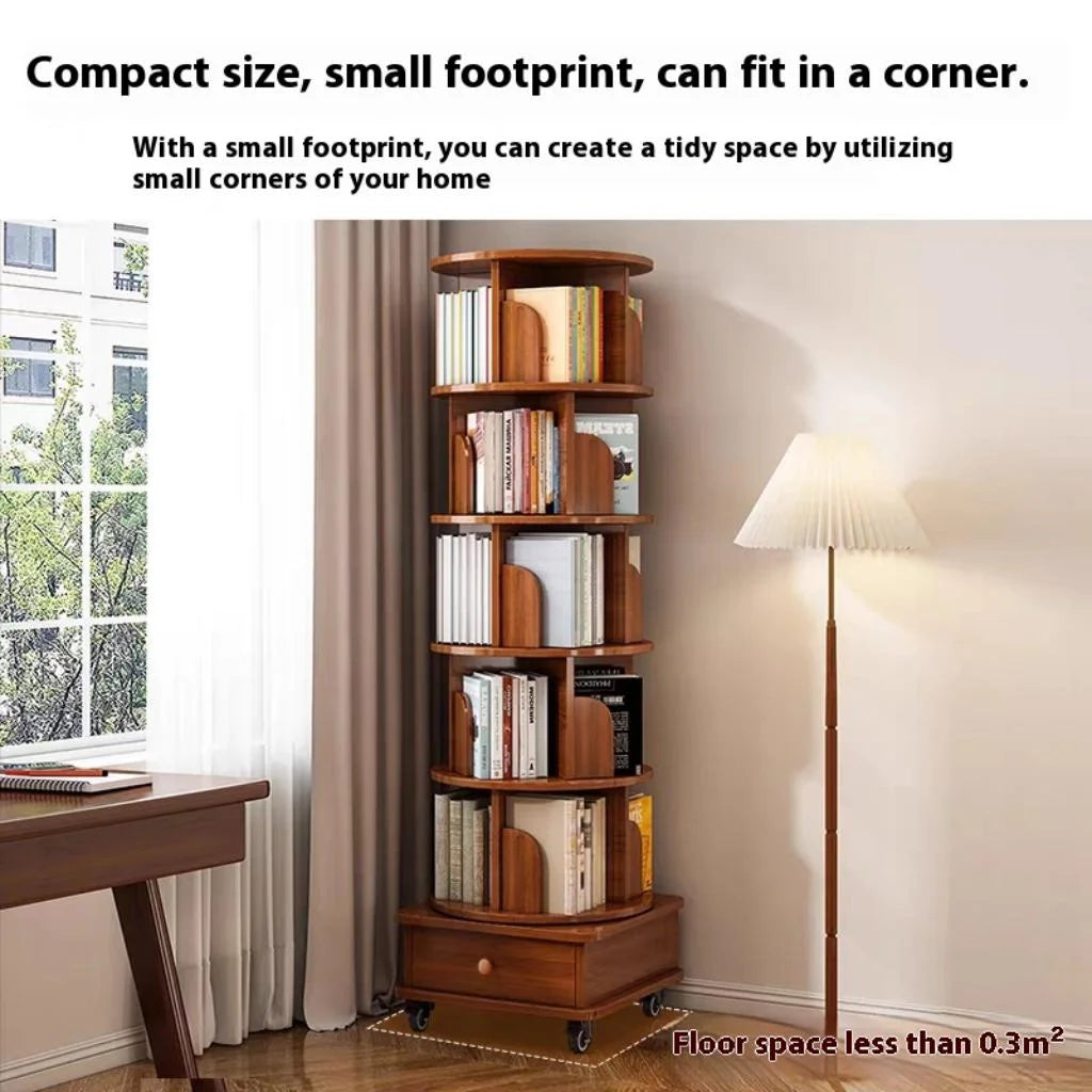 Qiushi 6-Tier Round Rotating Bookshelf with Storage Drawer, 360 Spinning Corner Bookshelf Tower for Small Space, Bookcase Storage Rack with Wheels, Wood Narrow Organizer for Bedroom, Living Room