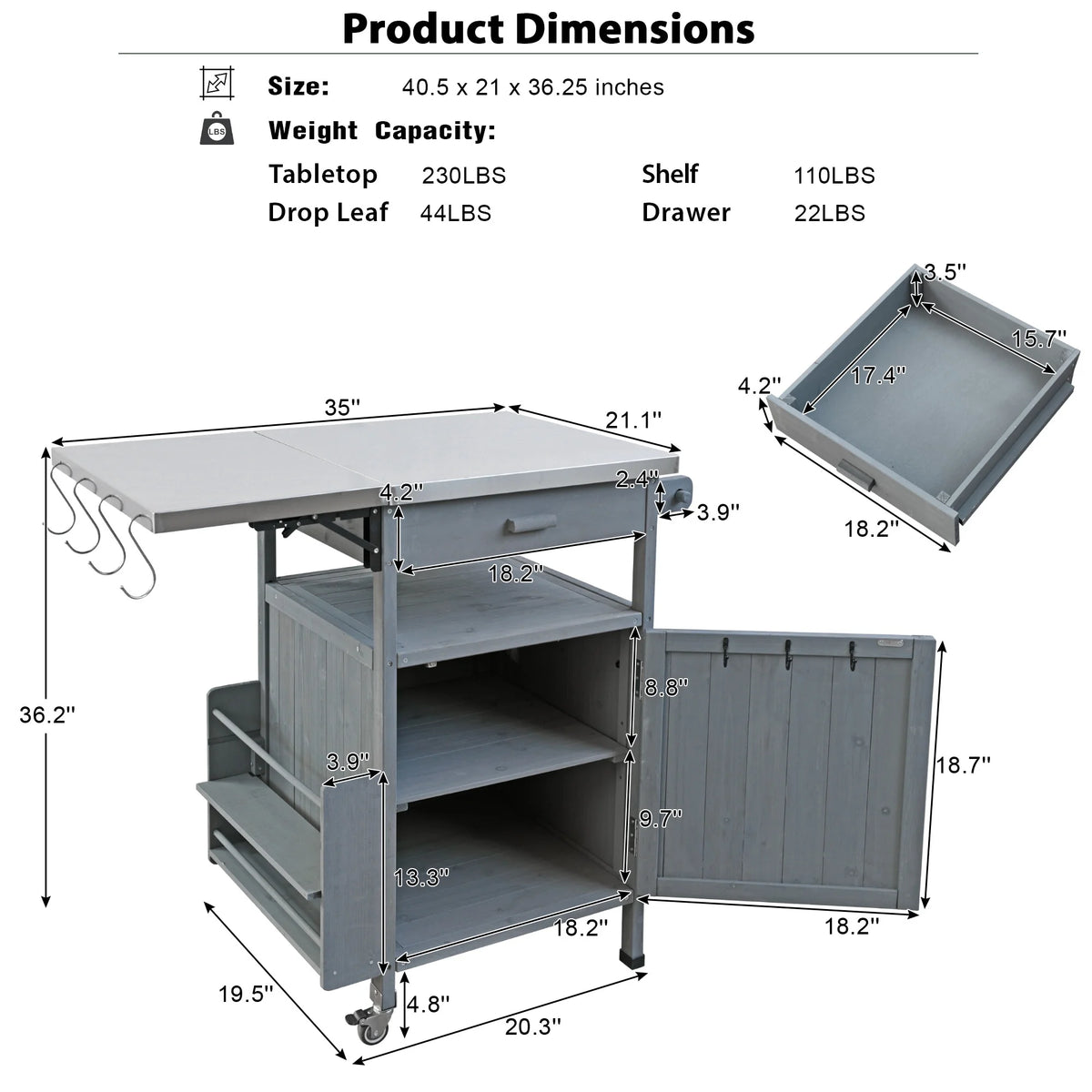 Bellemave Outdoor Serving Cart Kitchen Island Solid Wood Mobile Rolling Bar Cart with Lockable Wheels, Rack and Stainless Steel Top Beverage Storage Counter Table with Cabinet for Patio, Natural