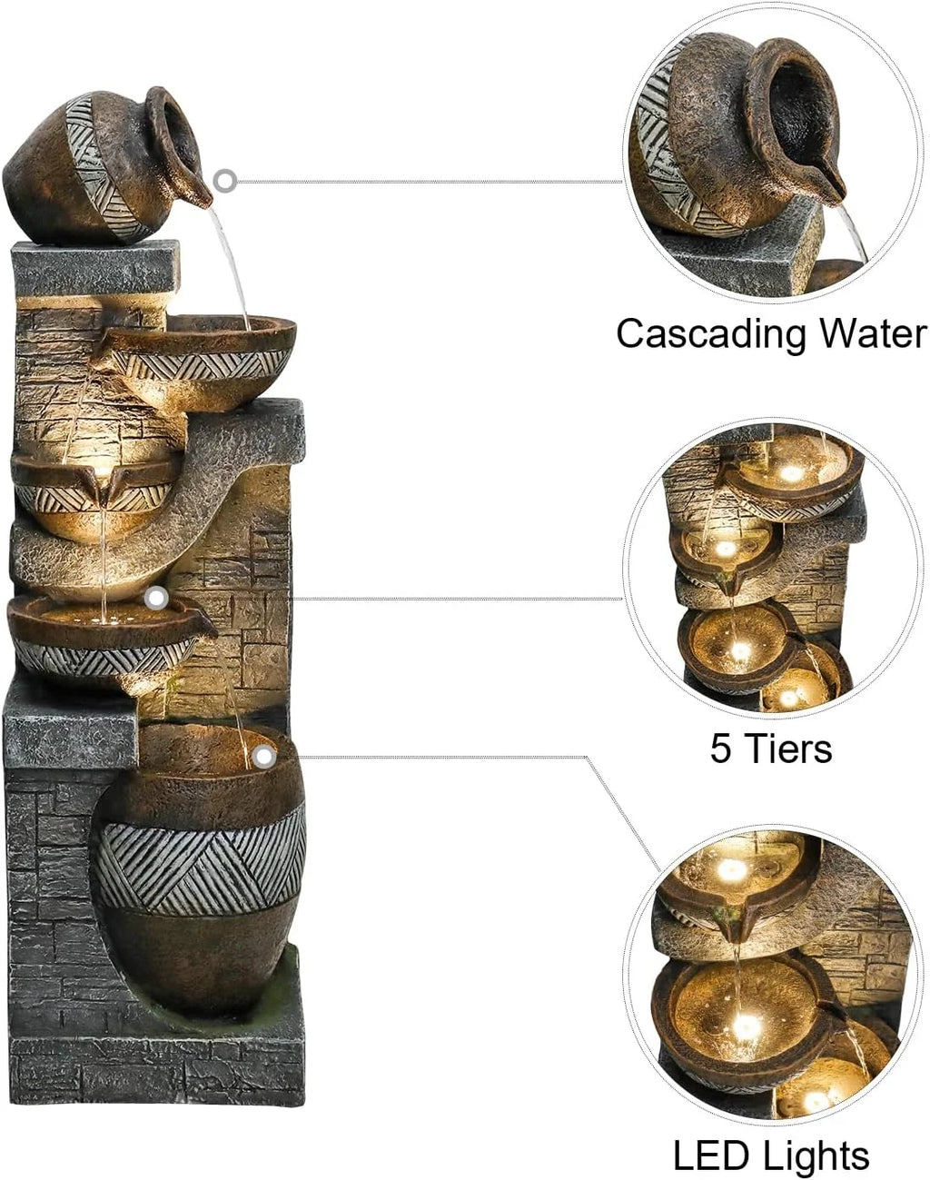SunJet 5-Tiers Indoor/Outdoor Garden Water Fountain - 42.5inches Modern Floor-Standing Cascading Water Feature - Suitable for Deck, Patio, Porch, Yard Decor