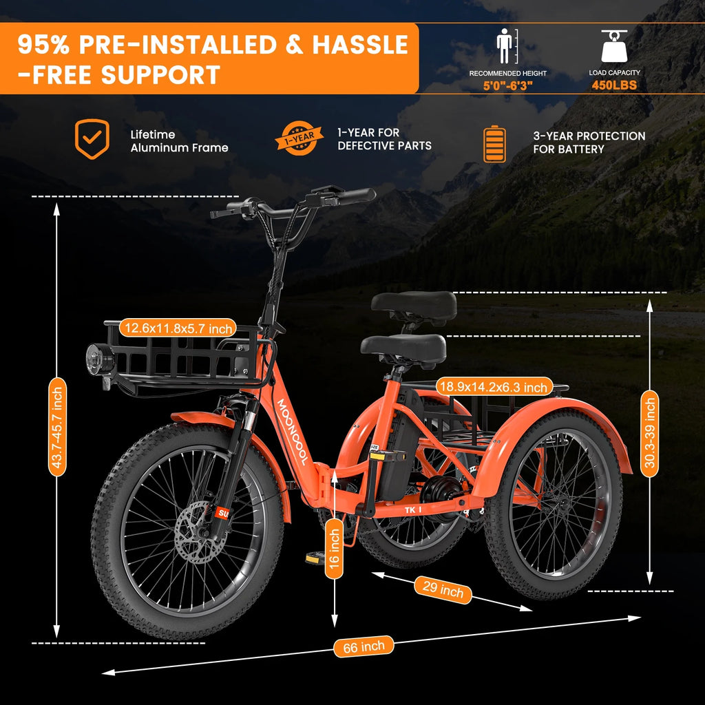 MOONCOOL TK1 Folding Electric Tricycle for Adults,48V 14.5Ah Removable battery, 500W（Peak 1000w）Motor, 20" Fat Tire Step-Thru 3Wheel Electric Bicycle w/Front&Rear Baskets, Certified to UL 2849 by SGS