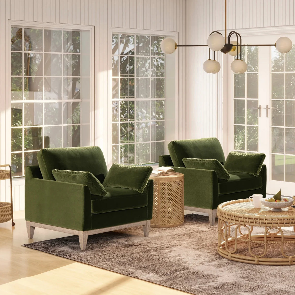 Velvet Sofa Couch, Mid Century Modern 75.5 inch 3-Seater Sofa with Back Cushions and 2 Bolster Pillows, for Small Space,Bedroom, Apartment, Olive Green