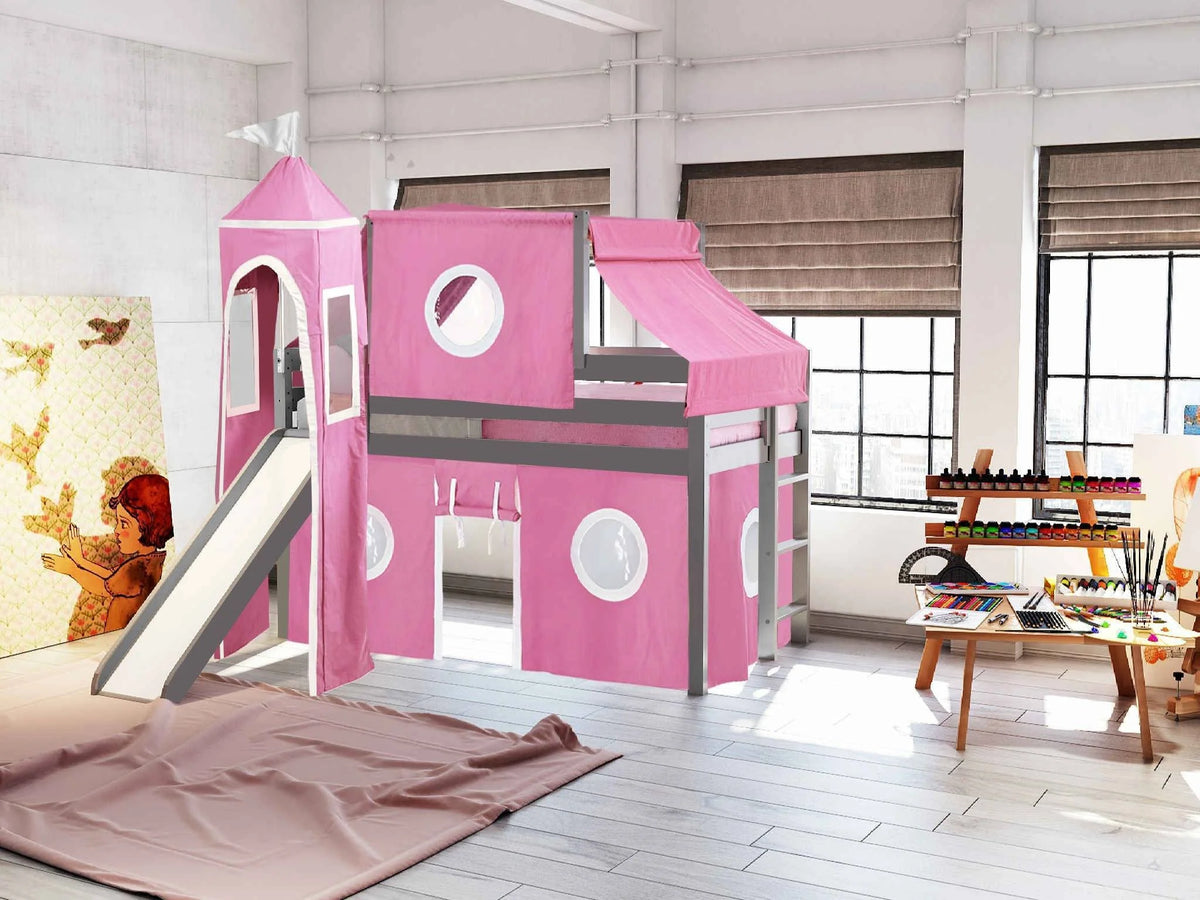 JACKPOT! Castle Low Loft Bed with Slide, Red Yellow and Blue Tent and Tower, Twin, Cherry