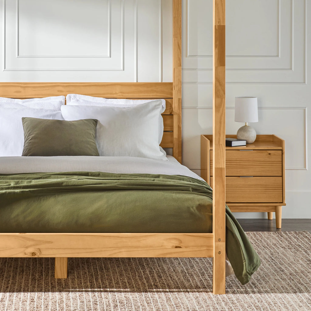Walker Edison Minimalist Slatted Wood Queen Canopy Bedframe, Natural Pine