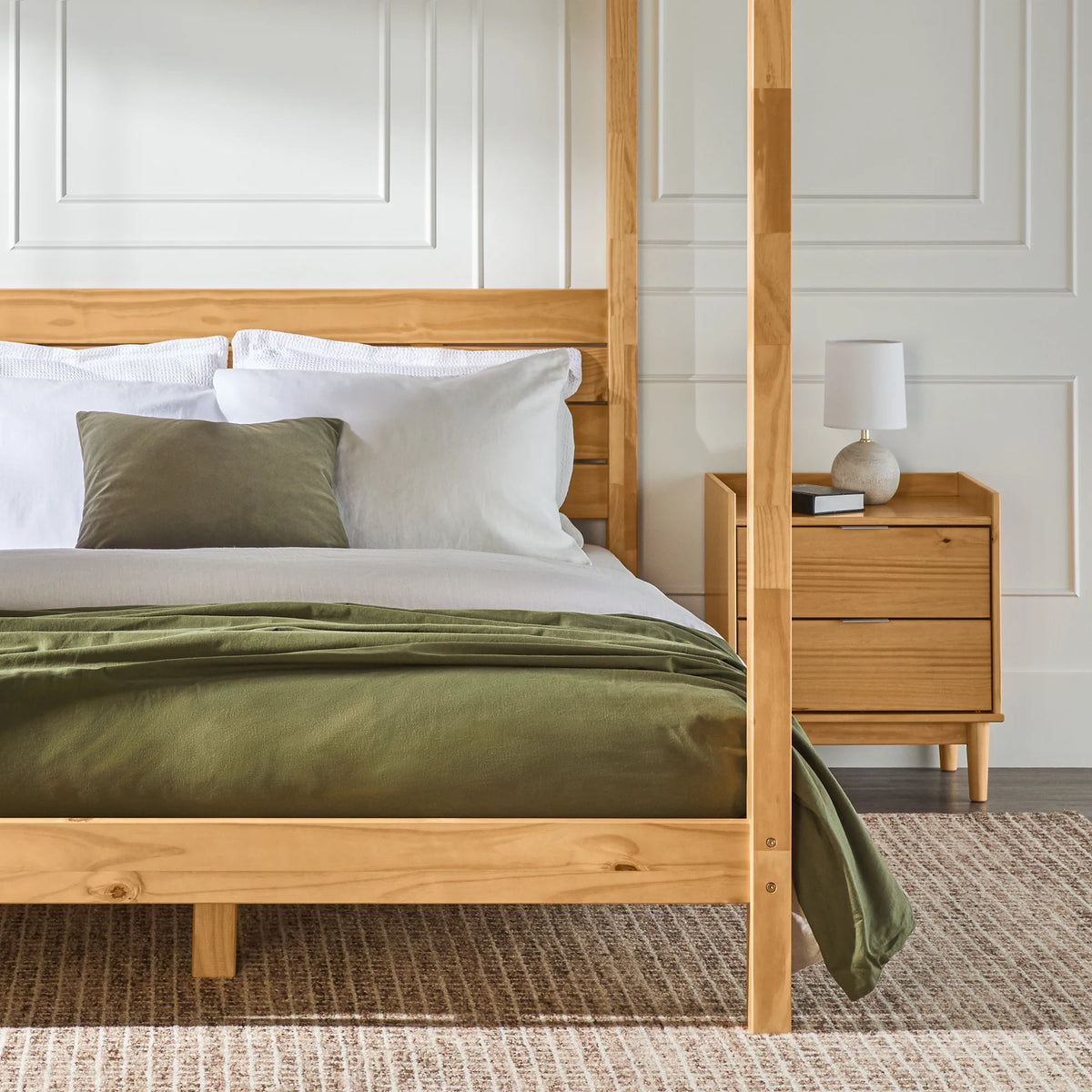 Walker Edison Minimalist Slatted Wood Queen Canopy Bedframe, Natural Pine
