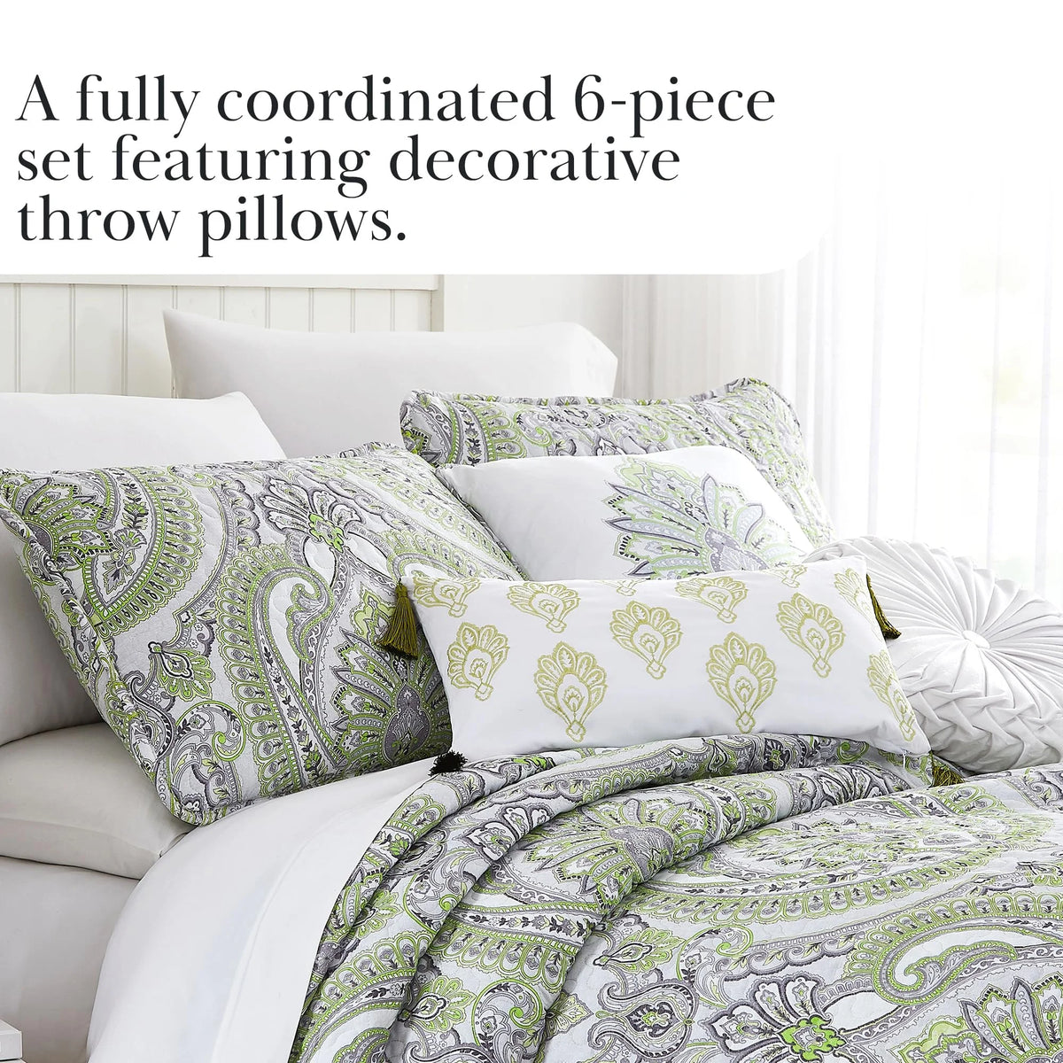 Southshore Fine LinensOversized 5-Piece Twin / Twin XL Quilt Bedding Set with two matching shams and three decorative throw pillows, oversized Paisley farmhouse bedspread Pure Melody Aqua