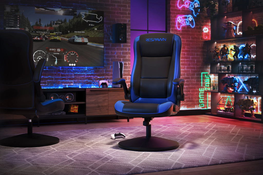 RESPAWN 800 Swivel Rocker Gaming Chair - Ergonomic Floor Gaming Seat with Lumbar Support, Flip Up Armrest, High Back, Pedestal Base, Comfortable No Wheels Console Video Game Rocker Chair - Red