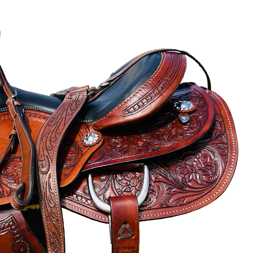 Resistance Western Horse Pleasure Adult Saddle with Floral Tooled - Genuine Leather 15" 16" 17" 18" & 20" With Free Tack Set