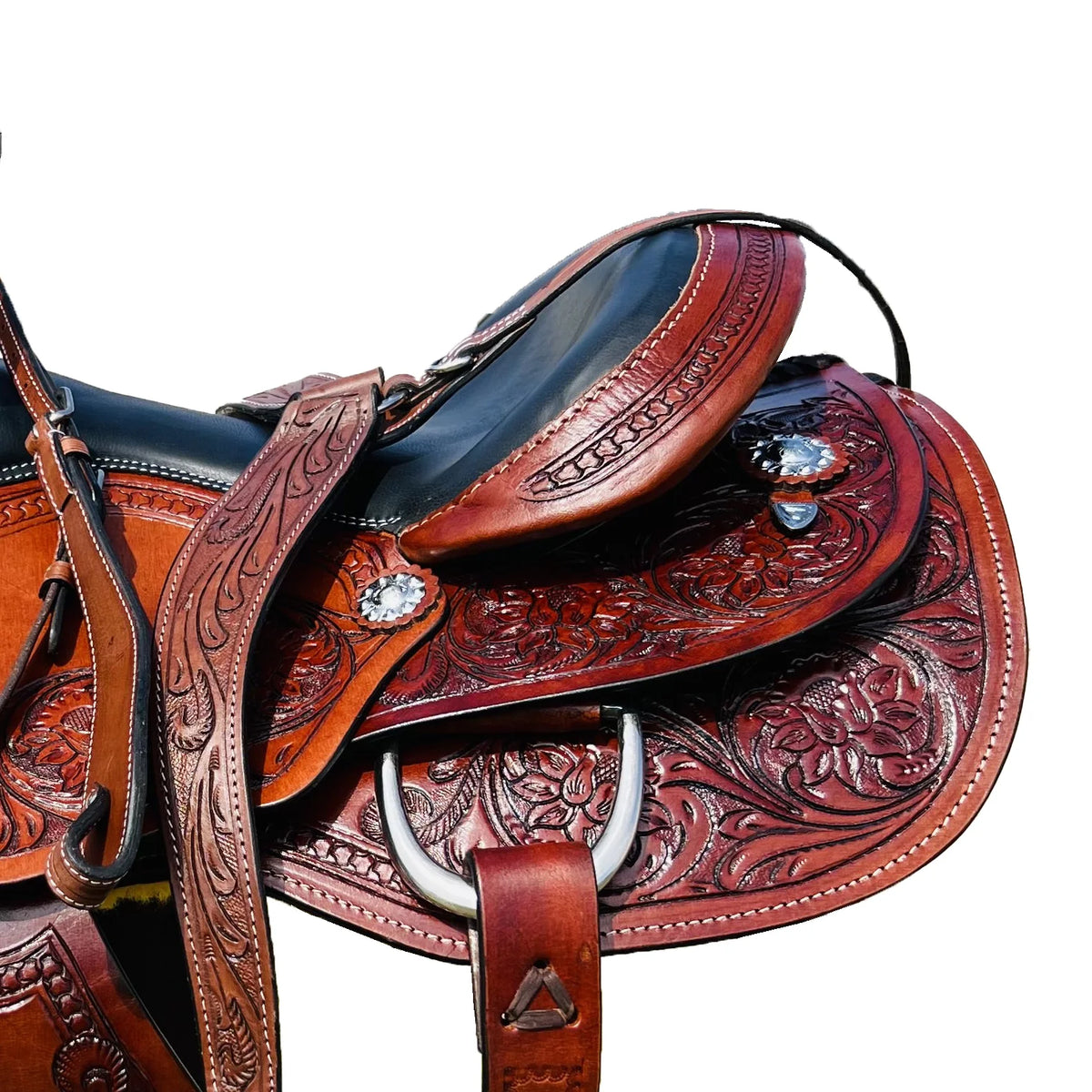 Resistance Western Horse Pleasure Adult Saddle with Floral Tooled - Genuine Leather 15" 16" 17" 18" & 20" With Free Tack Set